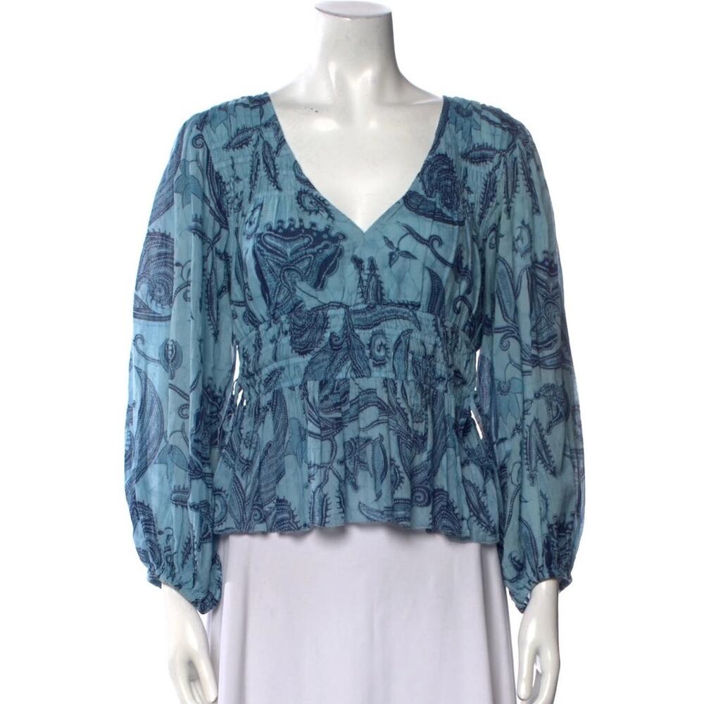 Love the Label Elle Peplum Plunge Neckline Top Blue Paisley Size Small Cotton